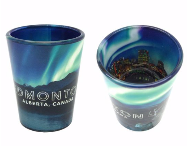 Home Canada Souvenirs Shots Miscellaneous SHTIN-ED2E26 Shot Glass, Northern Lights, City Skyline