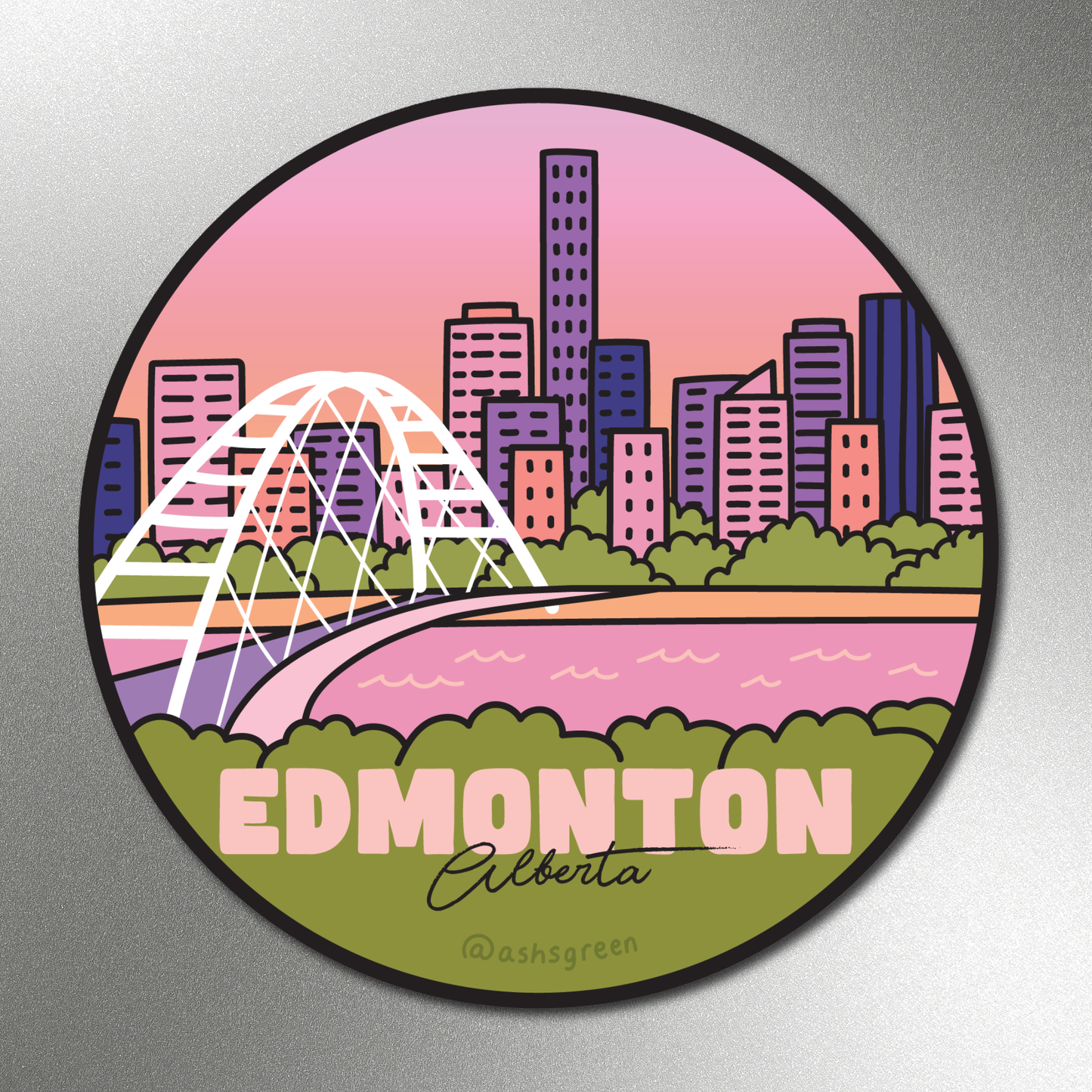 Edmonton Alberta skyline and Walterdale Bridge illustrated fridge magnet 3 inch