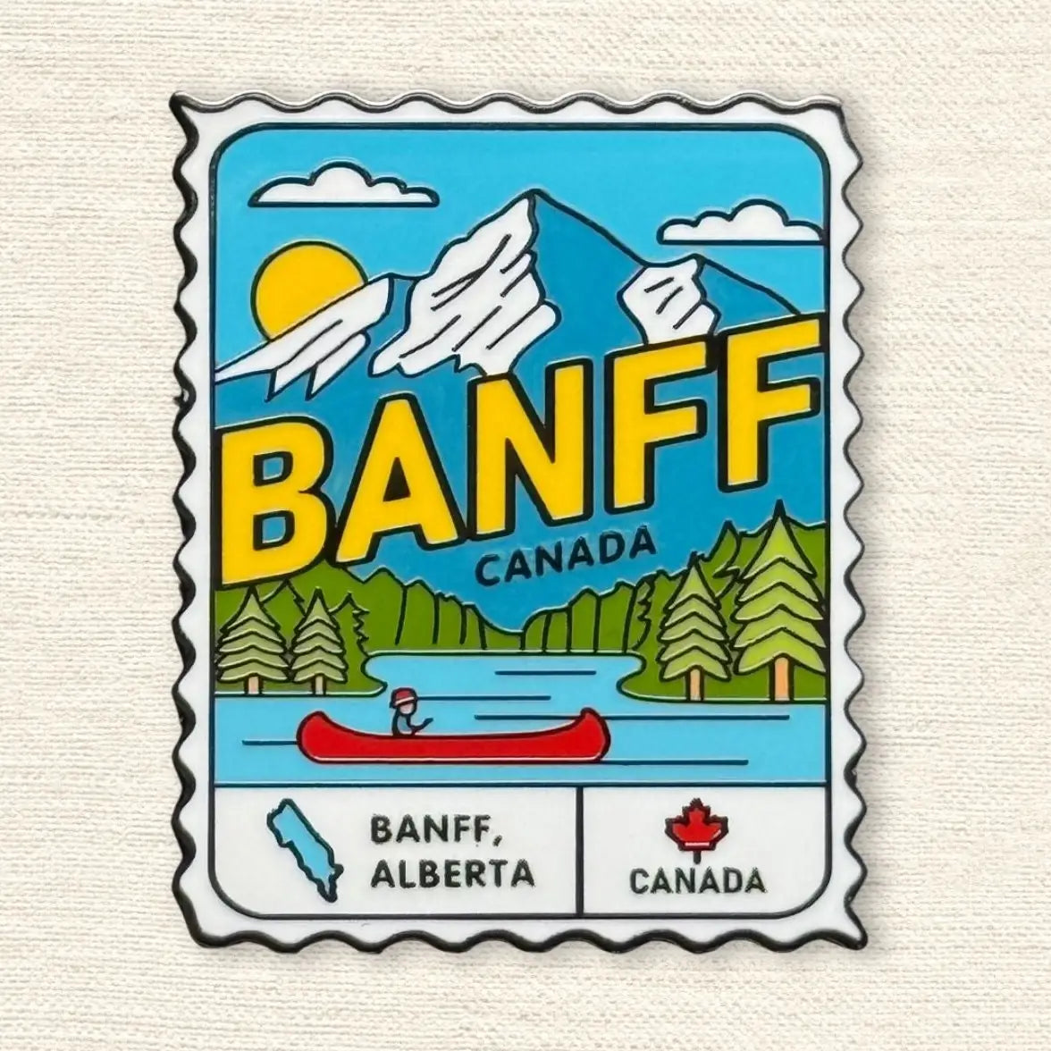 Banff Alberta Canada Souvenir Enamel Pin - Vintage Postage Stamp Lapel Pin with Rocky Mountains & Canoe