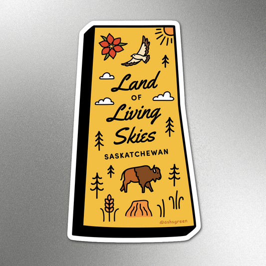 Saskatchewan Land of Living Skies illustrated fridge magnet with bison and wheat 3 inch