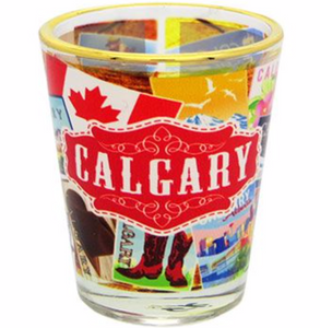 Shot Dye Sublimation with Gold Rim, Retro Collage Design, Calgary