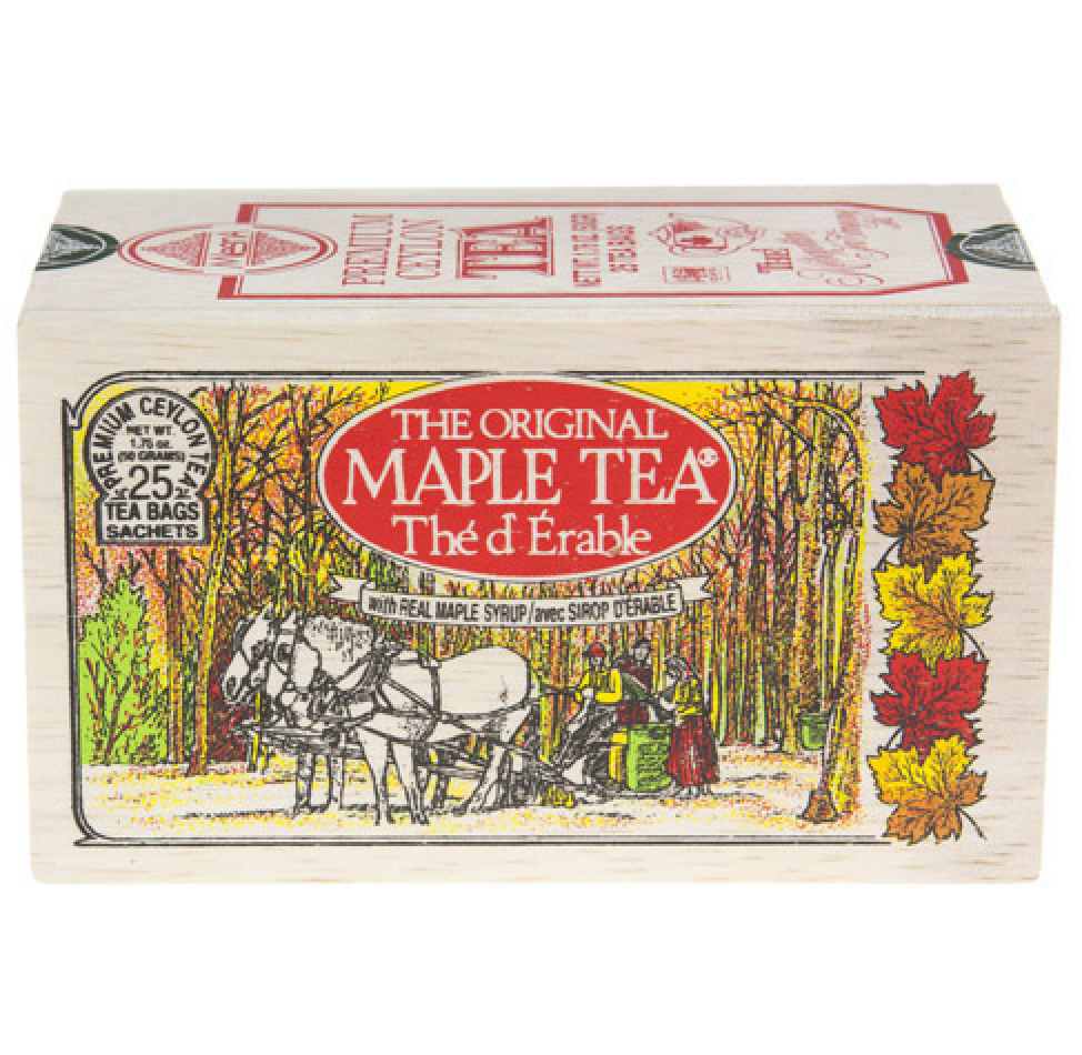 The Original Maple Tea Wooden Box - A rustic wooden box containing our signature Maple Tea, a delightful blend of pure, organic Canadian goodness. Perfect for tea enthusiasts and a unique gift idea. 40g