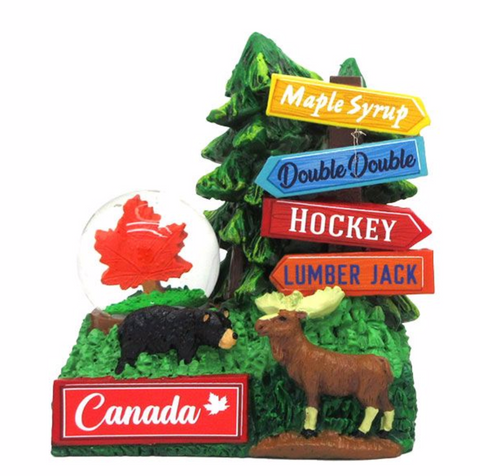 Moose and tree outside and a maple leaf in globe Sign: Maple syrup, Double Double, Hockey, Lumber Jack
