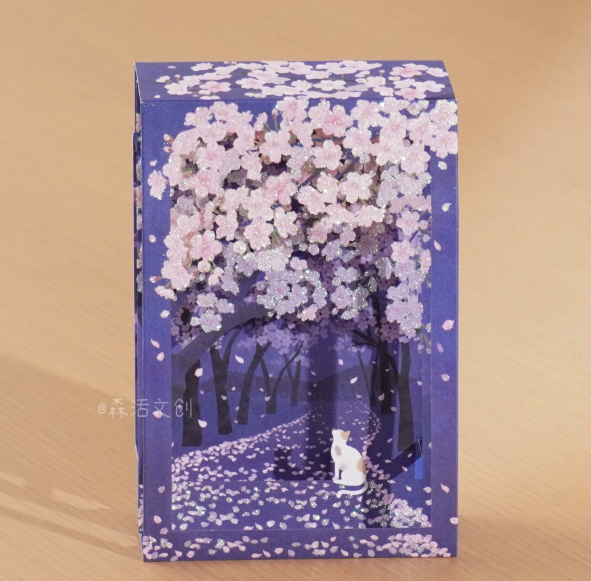 3D Box-Shaped Night Sakura (Cherry Blossom) and Cat Greeting Card