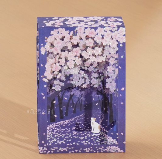 3D Box-Shaped Night Sakura (Cherry Blossom) and Cat Greeting Card