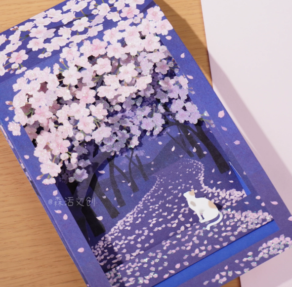 3D Box-Shaped Night Sakura (Cherry Blossom) and Cat Greeting Card
