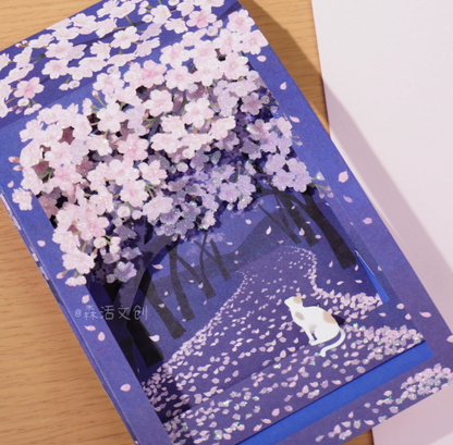 3D Box-Shaped Night Sakura (Cherry Blossom) and Cat Greeting Card