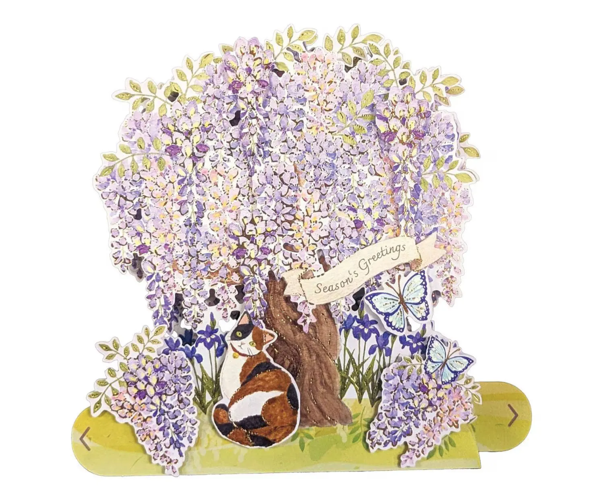 3D Pop-Up Wisteria and Cats Panoramic Greeting Card