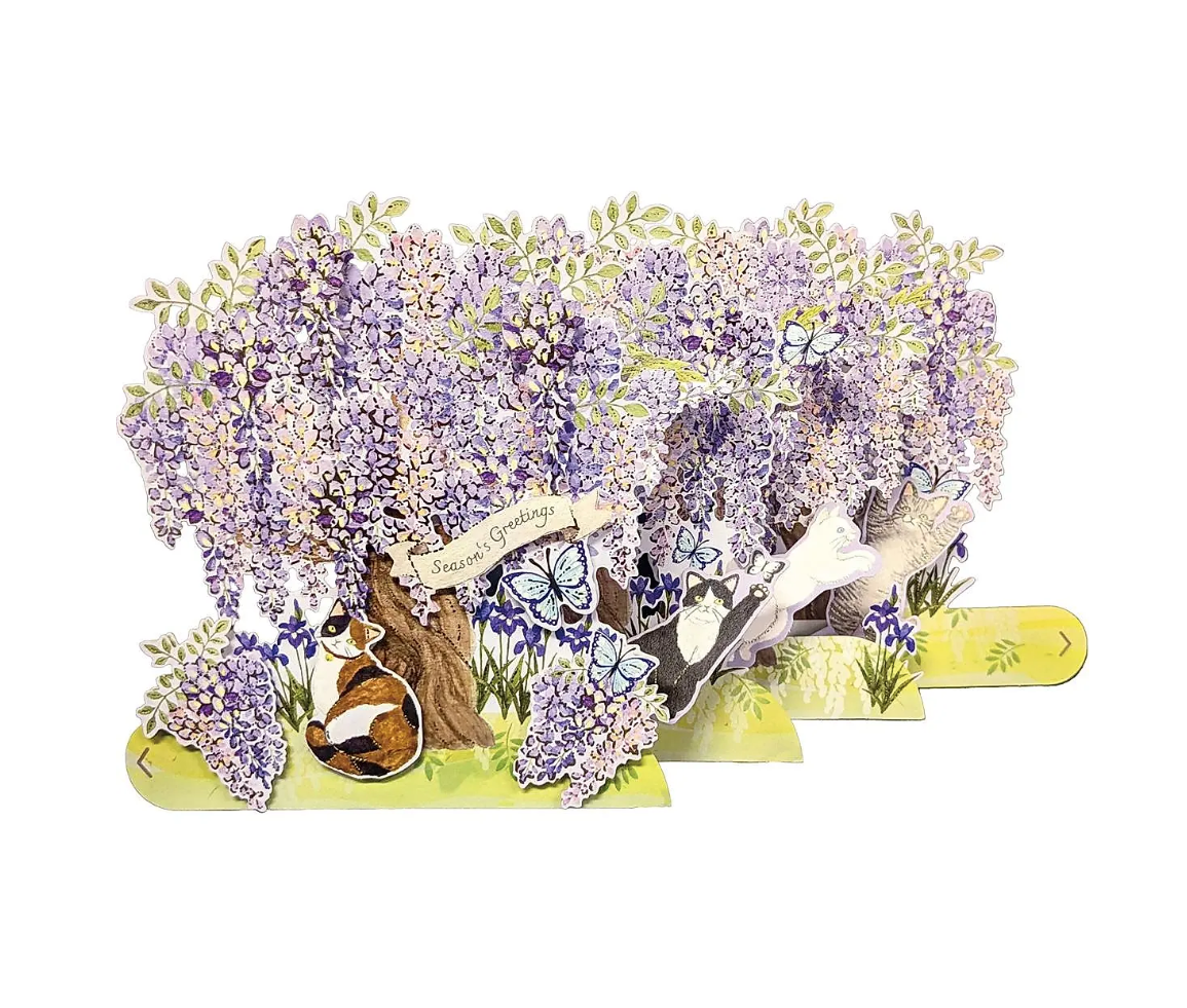 3D Pop-Up Wisteria and Cats Panoramic Greeting Card