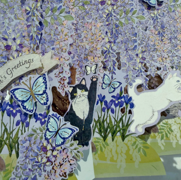 3D Pop-Up Wisteria and Cats Panoramic Greeting Card