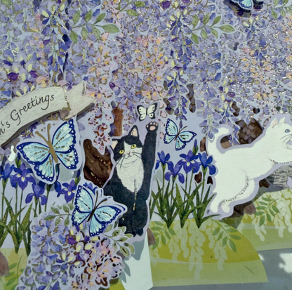 3D Pop-Up Wisteria and Cats Panoramic Greeting Card