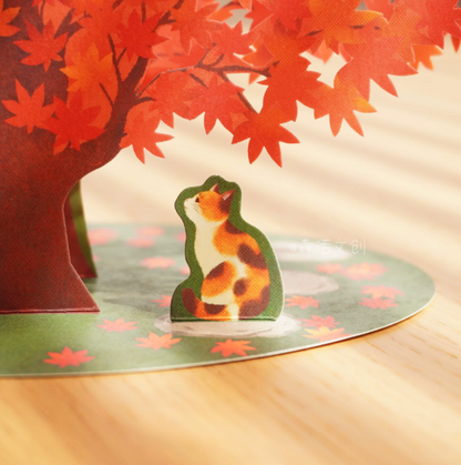 Autumn Leaves Tree with Calico Cat 3D Greeting card