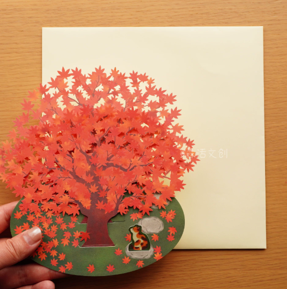 Autumn Leaves Tree with Calico Cat 3D Greeting card