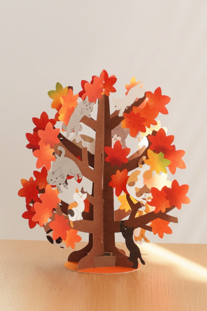 Autumn Leaves Tree Filled with Cats 3D Greeting Card