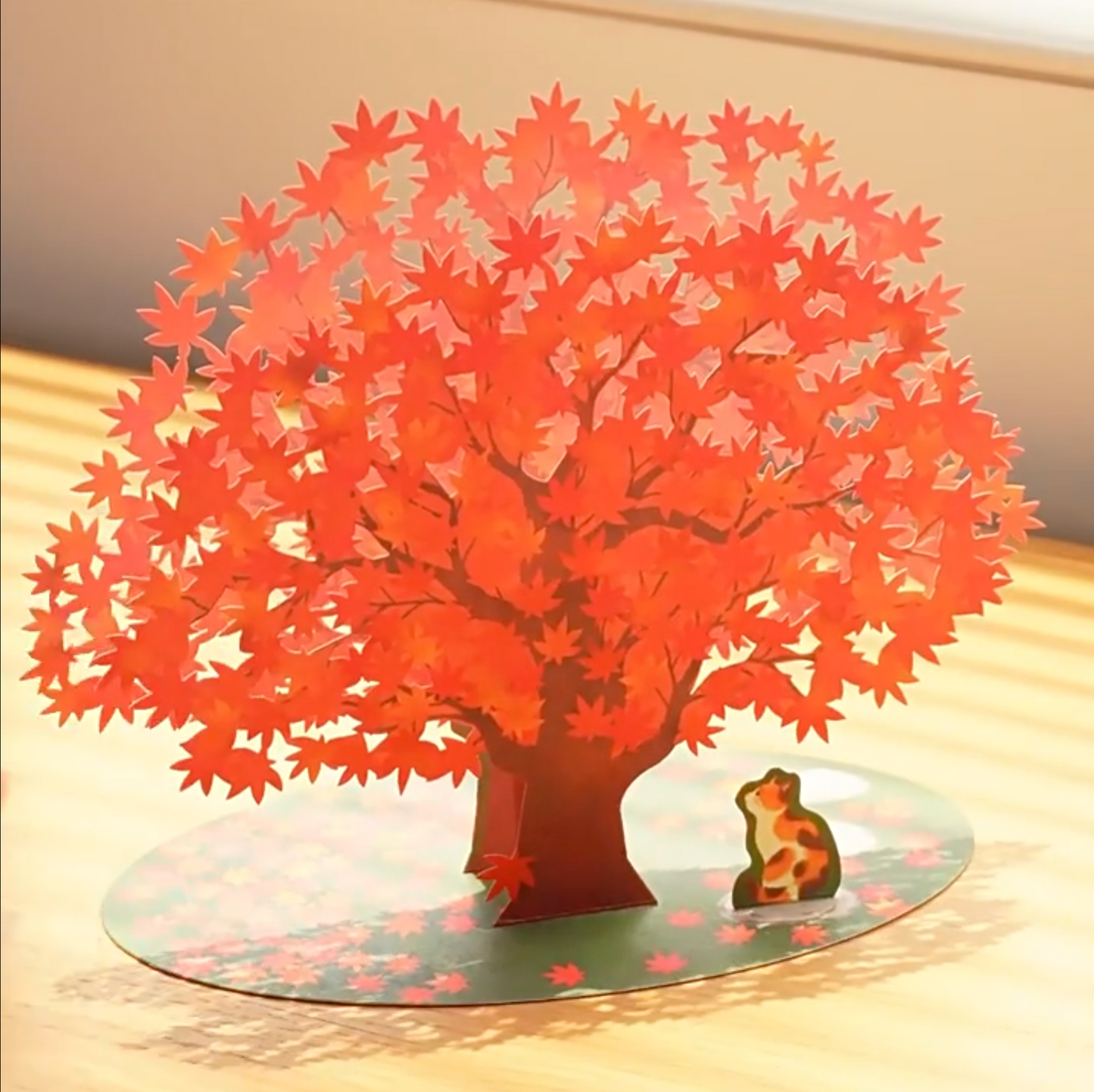 Autumn Leaves Tree with Calico Cat 3D Greeting card