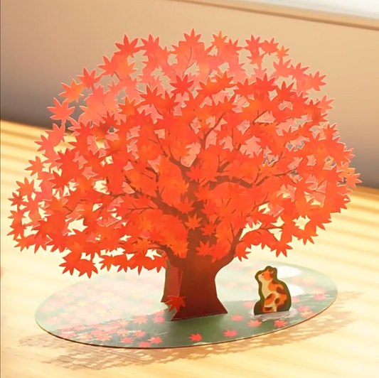 Autumn Leaves Tree with Calico Cat 3D Greeting card