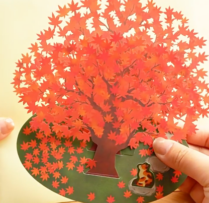 Autumn Leaves Tree with Calico Cat 3D Greeting card