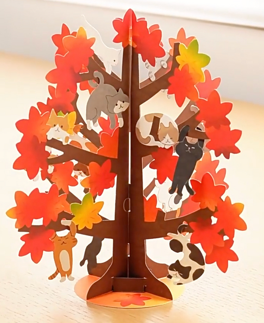 Autumn Leaves Tree Filled with Cats 3D Greeting Card