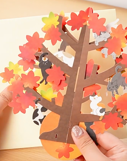 Autumn Leaves Tree Filled with Cats 3D Greeting Card