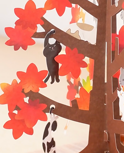 Autumn Leaves Tree Filled with Cats 3D Greeting Card