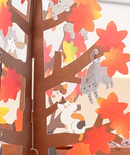 Autumn Leaves Tree Filled with Cats 3D Greeting Card
