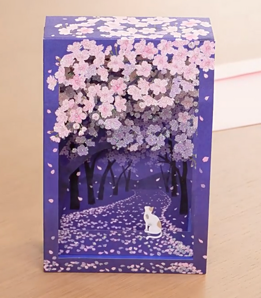 3D Box-Shaped Night Sakura (Cherry Blossom) and Cat Greeting Card