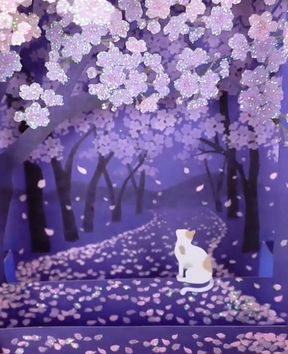 3D Box-Shaped Night Sakura (Cherry Blossom) and Cat Greeting Card