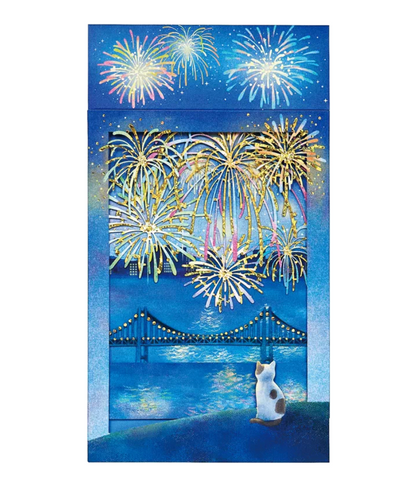 Sanrio Summer Box-Shaped Laser-Cut Fireworks Watching Cat Greeting Card