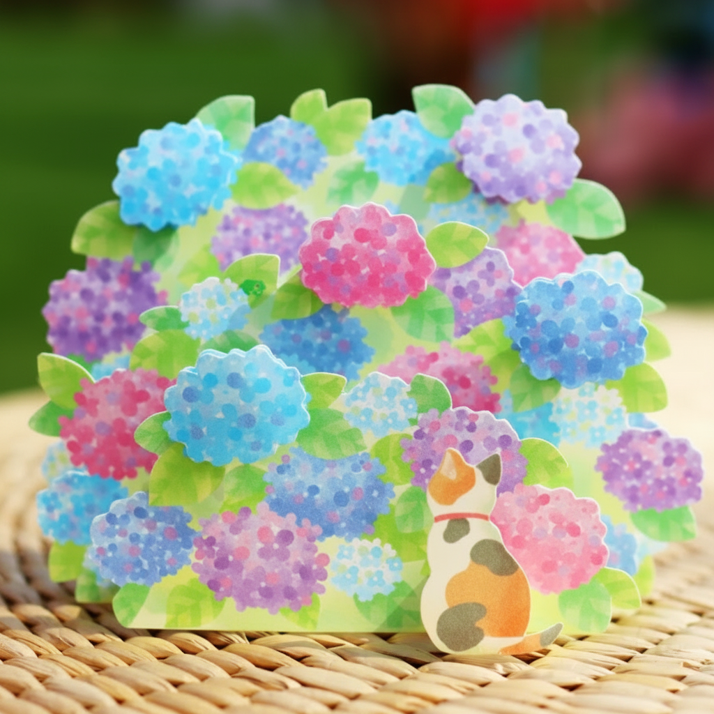 A colorful hydrangea-shaped card or decorative paper item displayed on a woven wicker surface outdoors, with a small illustrated cat figure in front. The product features multiple shades of blue, pink, purple, and green in a watercolor-style print.