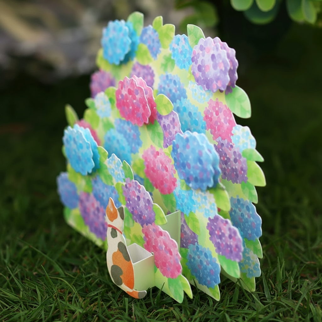 A colorful 3D papercraft pop-up of hydrangeas with a small cat at the bottom, displayed on a green grass background.