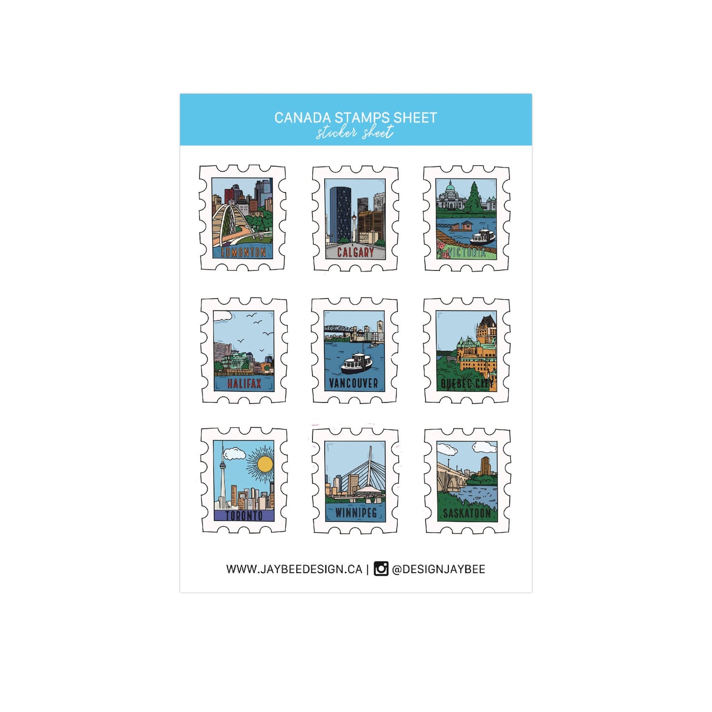 Canada City Postage Stamps Mini Sticker Sheet