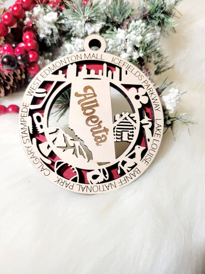 Alberta & Calgary Canada Christmas Ornament: Red / 2 Layer W/o Center