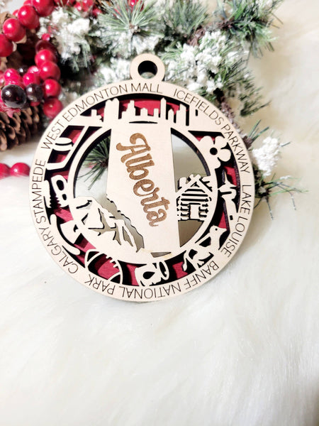 Alberta & Calgary Canada Christmas Ornament: Red / 2 Layer W/o Center