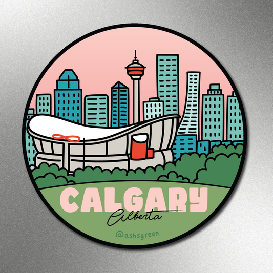 Calgary Alberta skyline Saddledome and Calgary Tower illustrated fridge magnet 3 inch