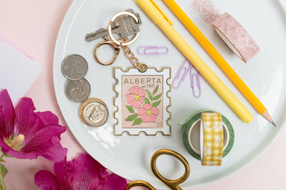 Alberta WIldrose Postage Stamp Keychain