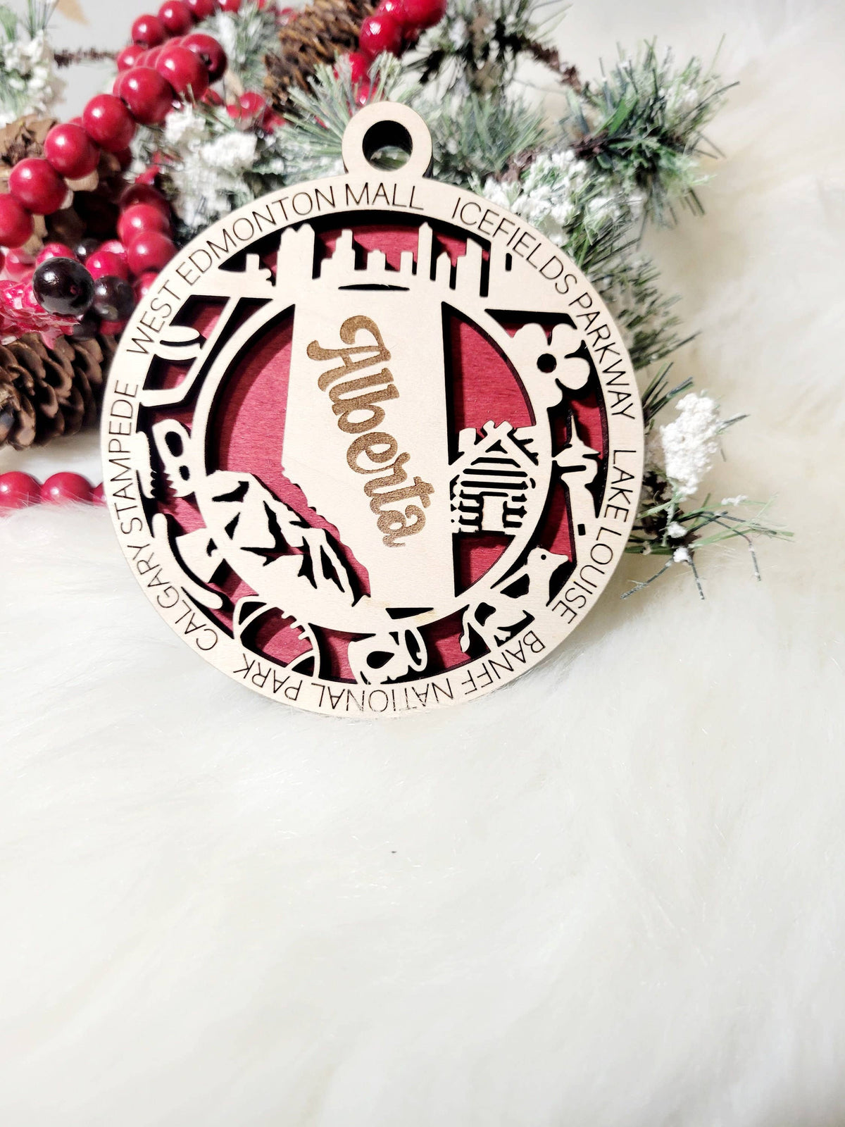 Alberta & Calgary Canada Christmas Ornament: Red / 2 Layer W/o Center