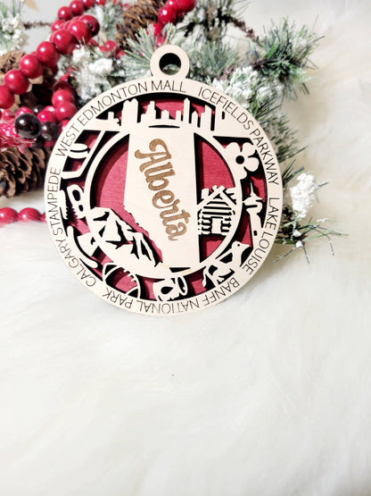Alberta & Calgary Canada Christmas Ornament: Red / 2 Layer W/o Center