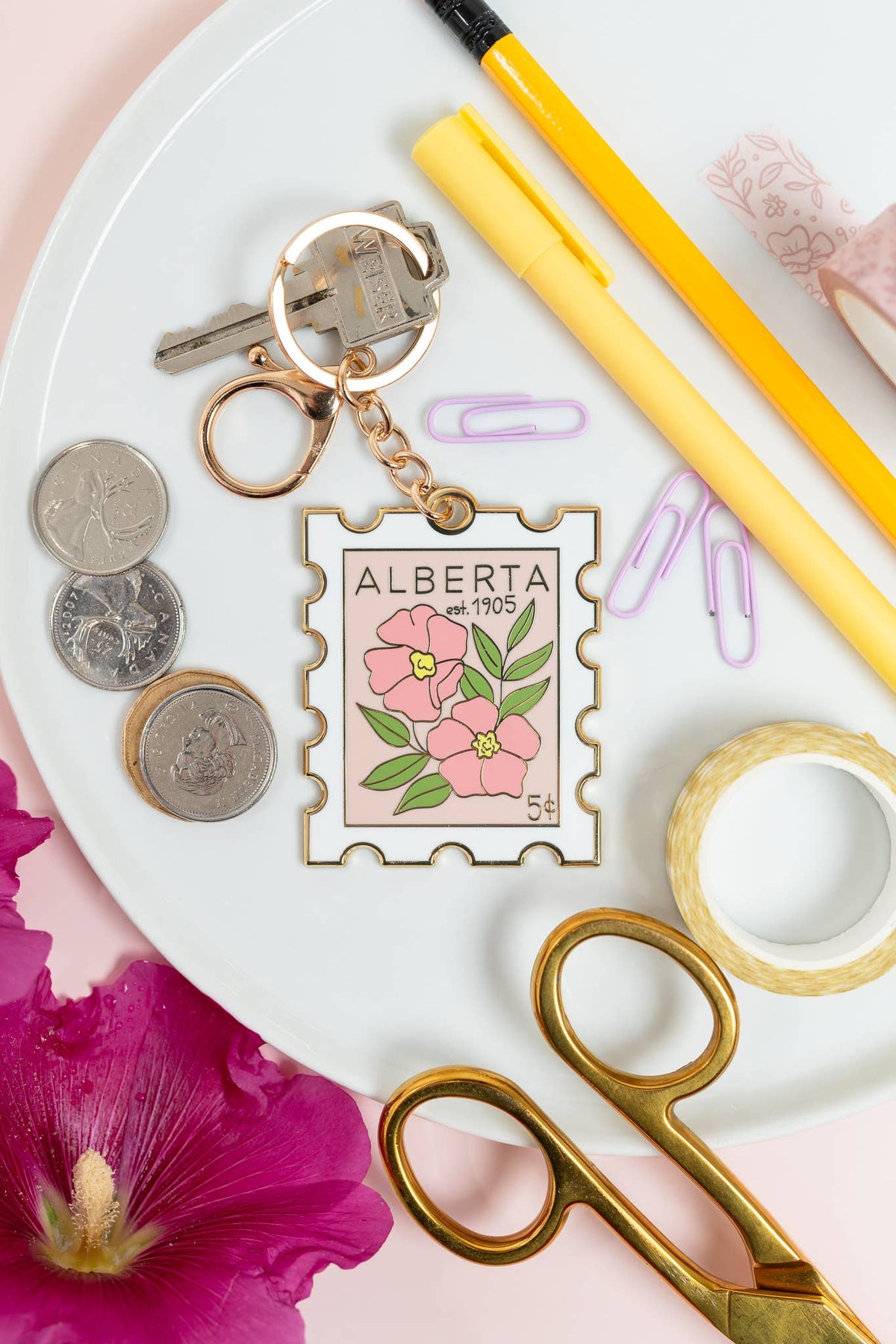 Alberta WIldrose Postage Stamp Keychain