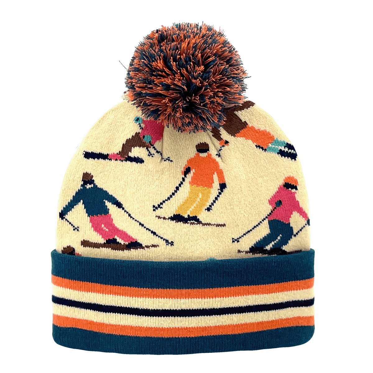 Colorful Skiers Pattern Winter Knit Beanie Hat with Pom Pom Top