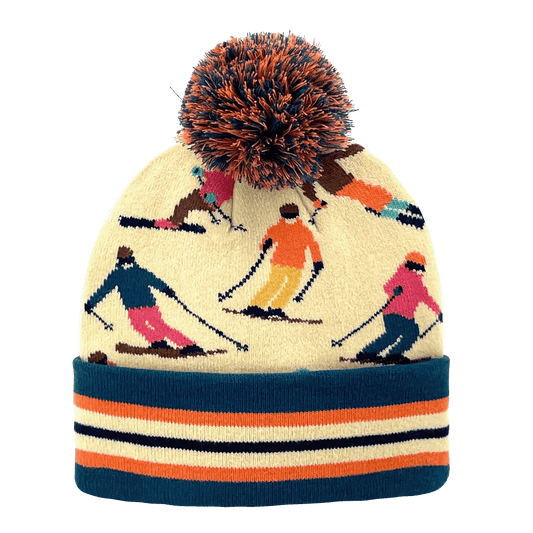 Colorful Skiers Pattern Winter Knit Beanie Hat with Pom Pom Top