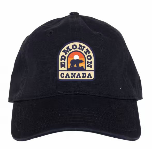 Edmonton Canada black baseball cap with vintage bear sunset patch front view