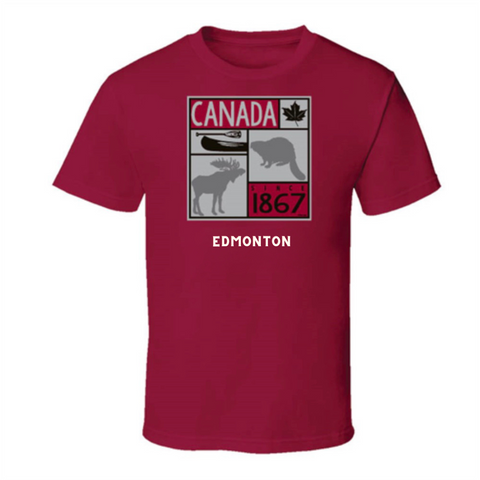 Red Edmonton T-shirt for Adults featuring Canada Icons