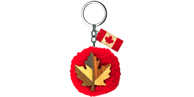 Wooden - Keychain - Pom Pom - Maple Leaf 1.75"