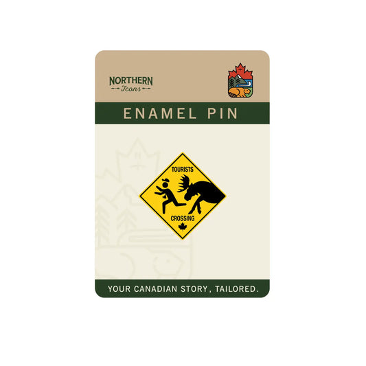 Tourists Crossing Enamel Pin – Funny Moose Road Sign Lapel Pins, Canada Gift