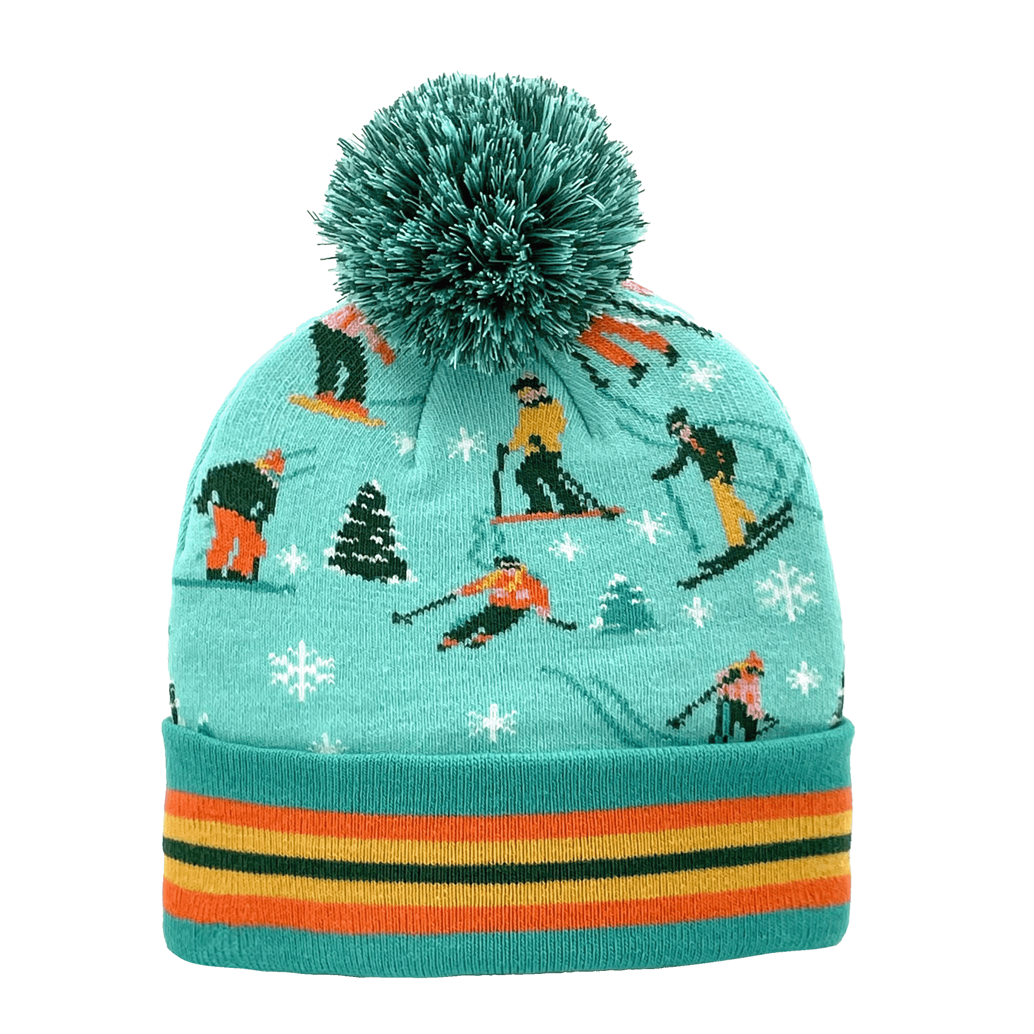 Skiing Pattern Pom Pom Knit Beanie for Winter Sports and Mountain Trips