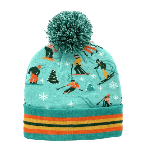 Skiing Pattern Pom Pom Knit Beanie for Winter Sports and Mountain Trips