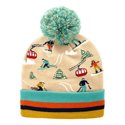 Winter Ski Resort Gondola Knit Beanie Hat with Mountain Scene Pom Pom