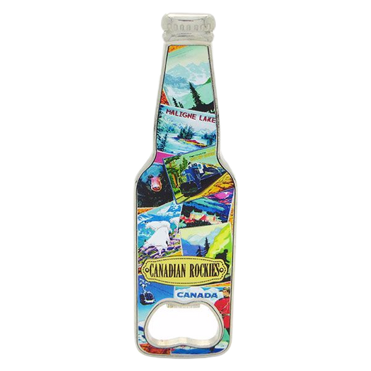Fridge Magnet Bottle Shaped Opener - Retro Collage Canadian Rockies