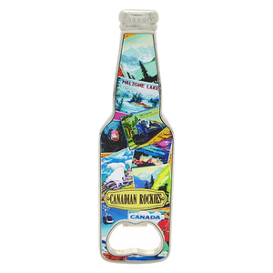 Fridge Magnet Bottle Shaped Opener - Retro Collage Canadian Rockies