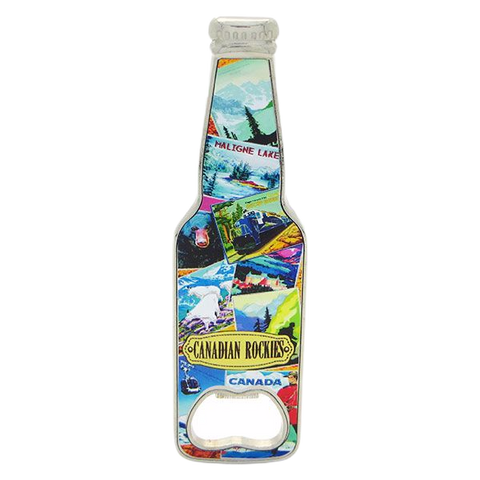 Fridge Magnet Bottle Shaped Opener - Retro Collage Canadian Rockies
